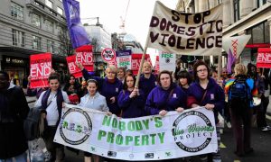 A protest in central London, demanding an end to domestic violence. The majority of killings (68%) occurred either in or immediately around the woman’s house. Photograph: Yanice Idir/Alamy Stock Photo
